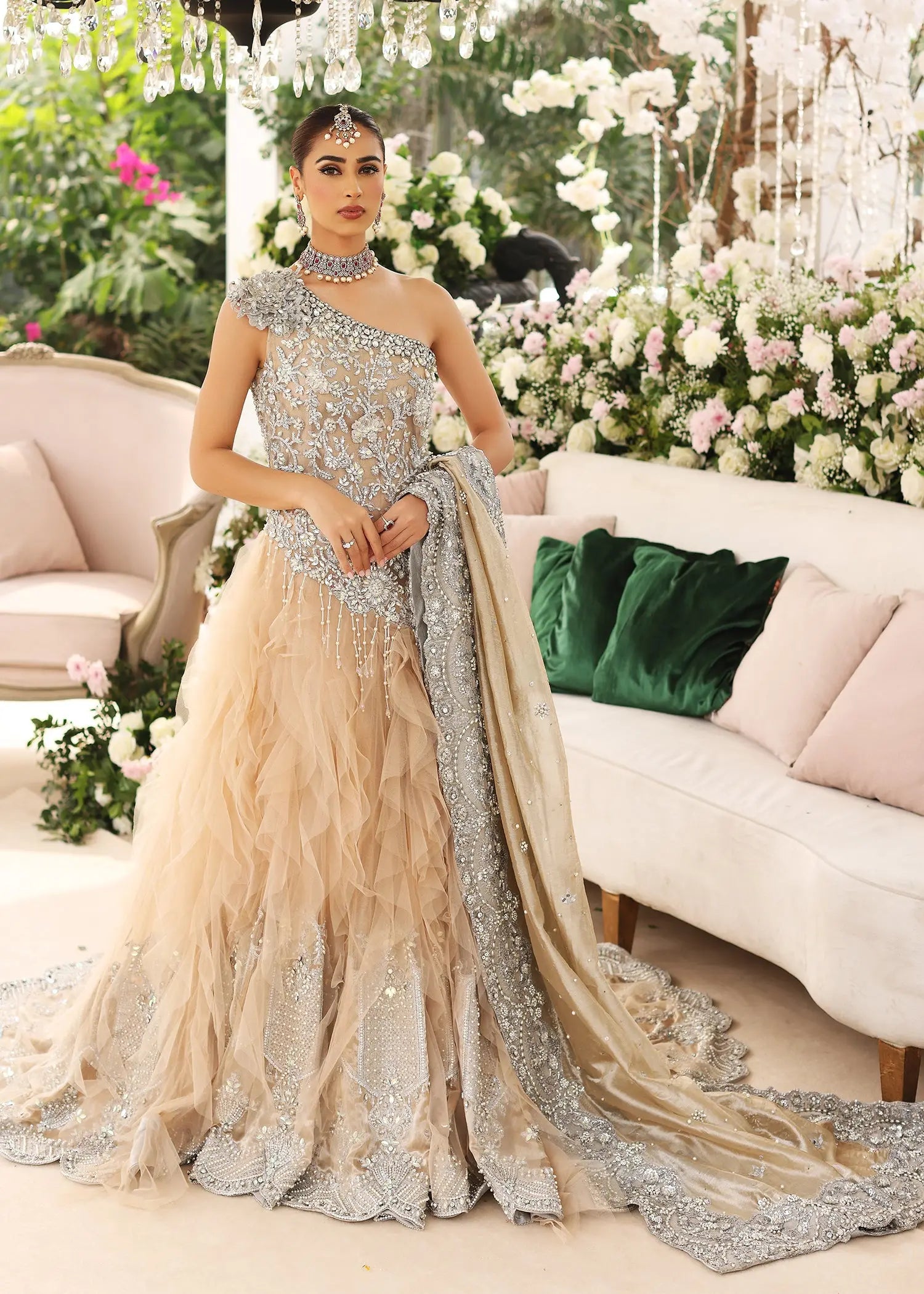 Pakistani Ice Blue Embellished Net & Tissue Gown (2-Piece) - Image 1