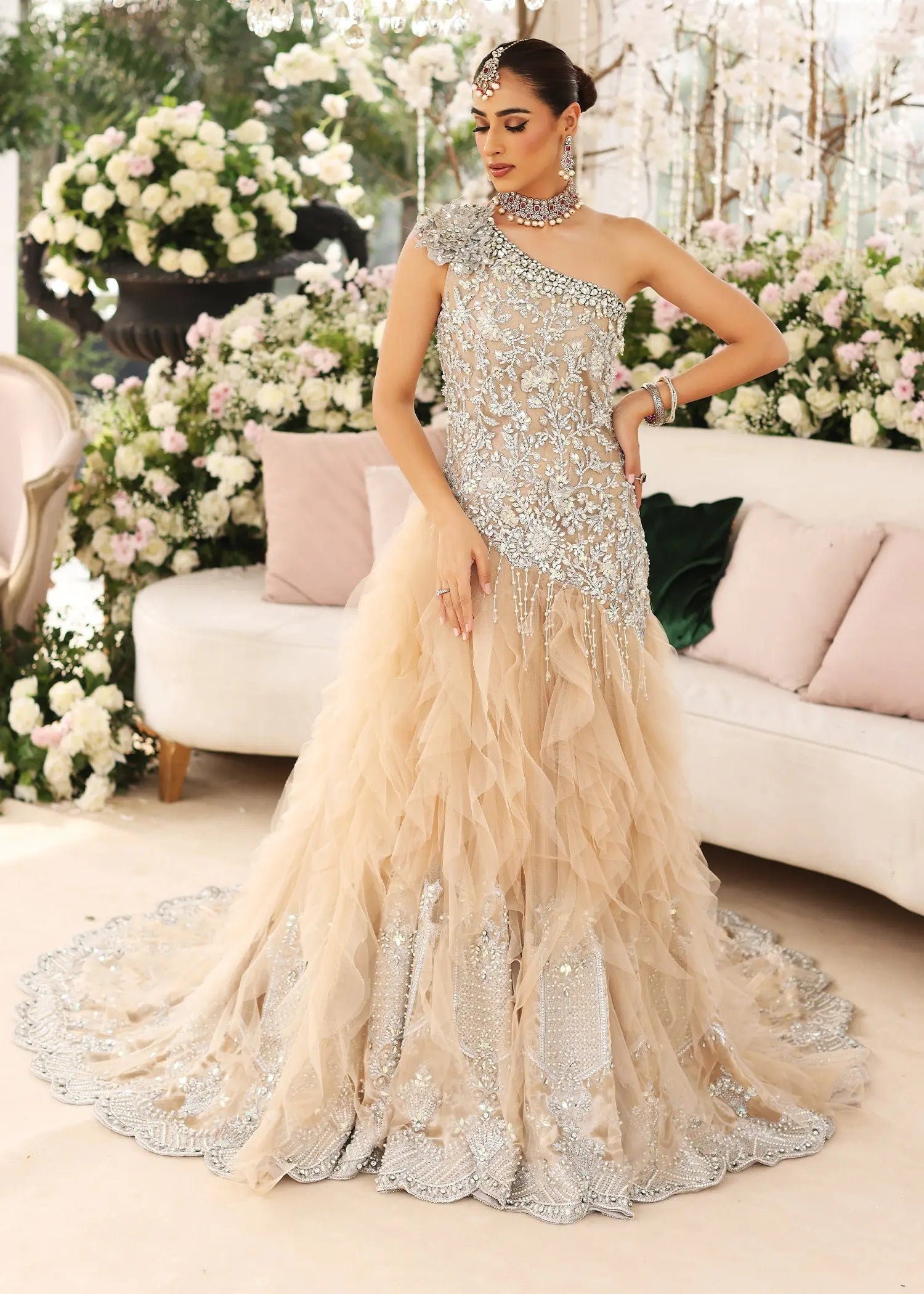 Pakistani Ice Blue Embellished Net & Tissue Gown (2-Piece) - Image 3