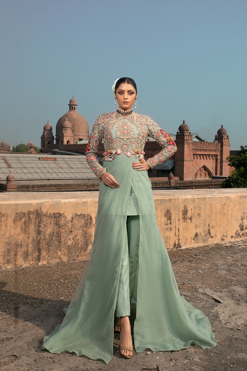 Ice Blue Zardozi Net Gown with Silk Corset (2-Piece) - Image 2