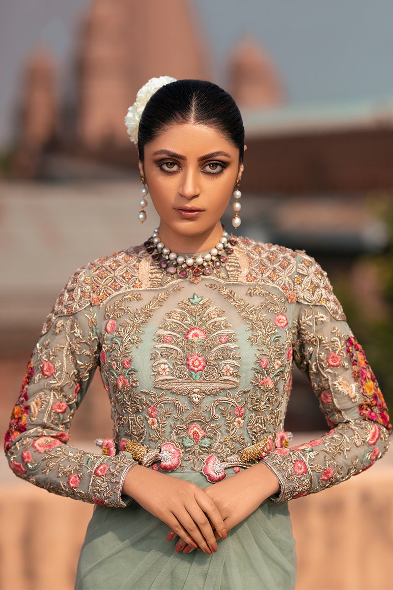 Ice Blue Zardozi Net Gown with Silk Corset (2-Piece) - Image 5