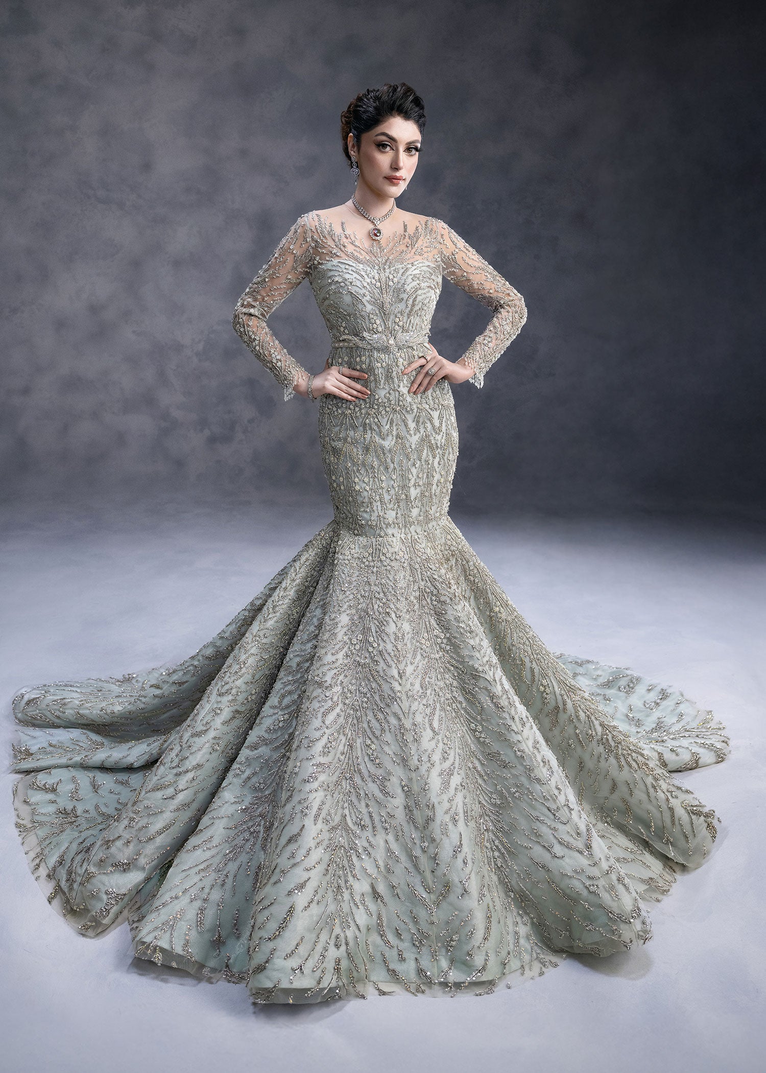 Frost Blue Zardozi Net Mermaid Bridal Gown (2-Piece) - Image 1