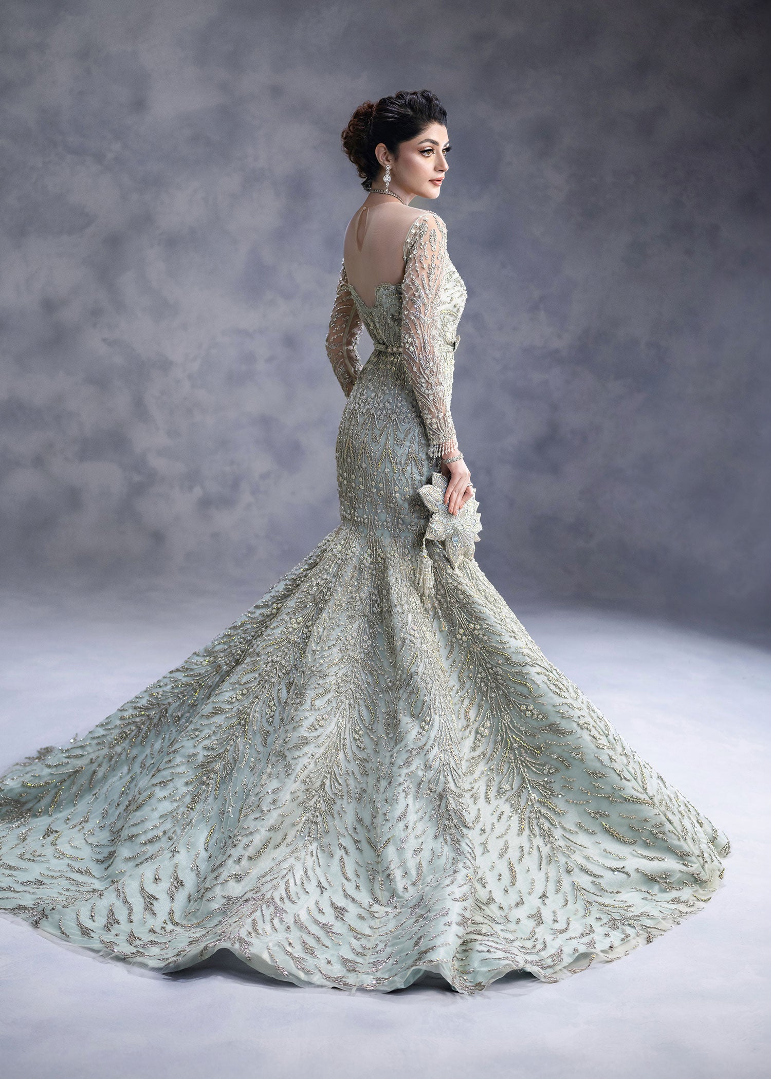 Frost Blue Zardozi Net Mermaid Bridal Gown (2-Piece) - Image 3