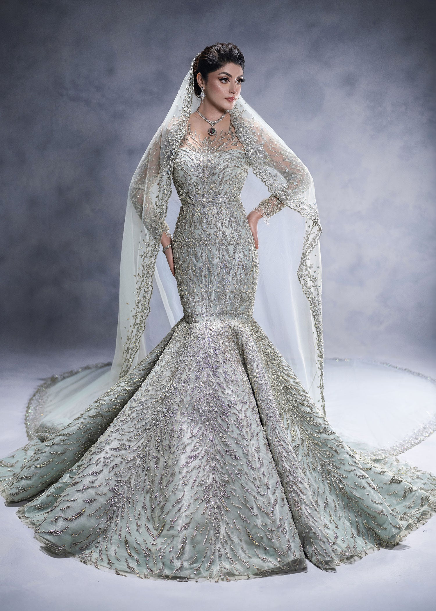 Frost Blue Zardozi Net Mermaid Bridal Gown (2-Piece) - Image 4