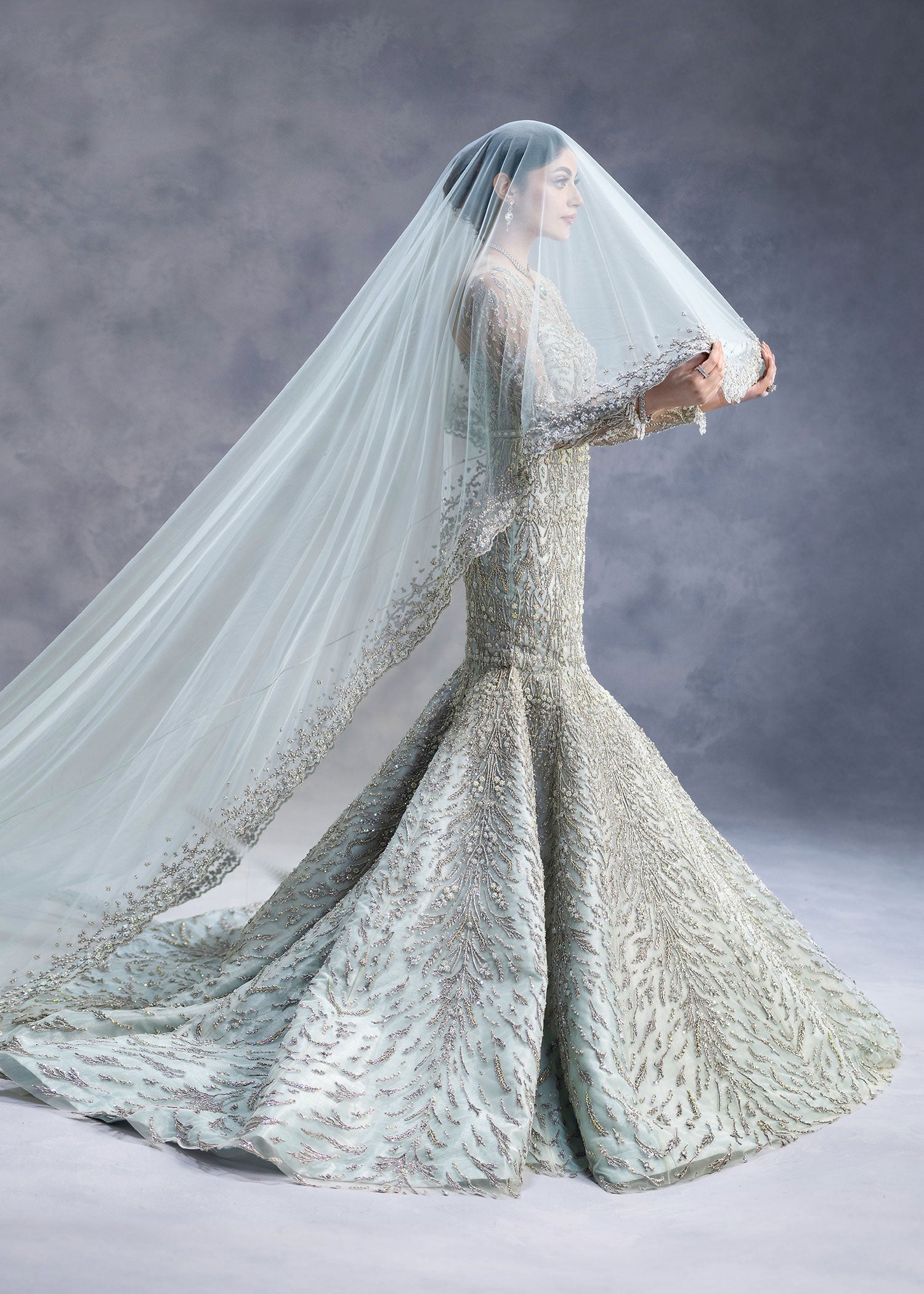 Frost Blue Zardozi Net Mermaid Bridal Gown (2-Piece) - Image 5