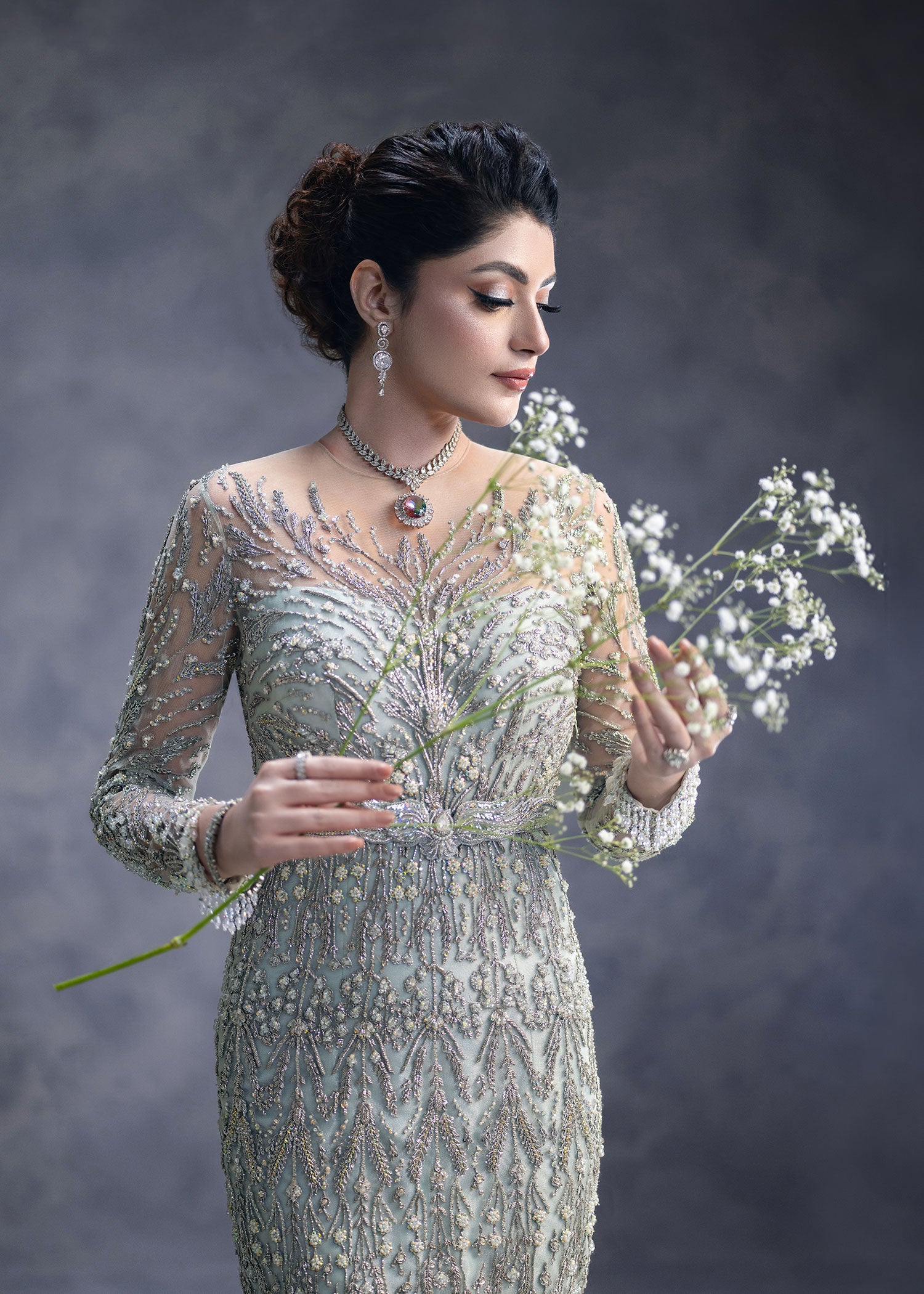 Frost Blue Zardozi Net Mermaid Bridal Gown (2-Piece) - Image 6