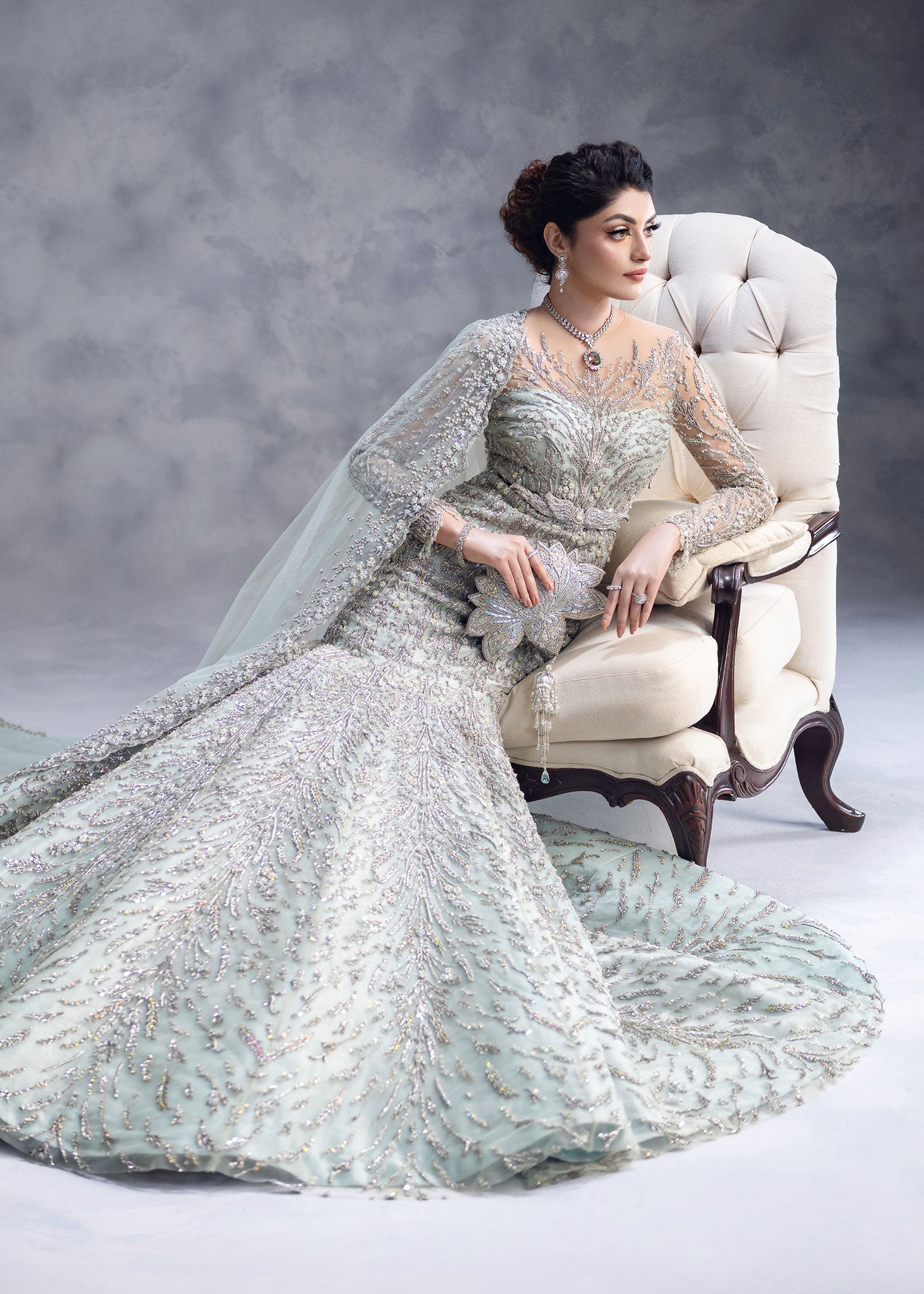 Frost Blue Zardozi Net Mermaid Bridal Gown (2-Piece) - Image 7