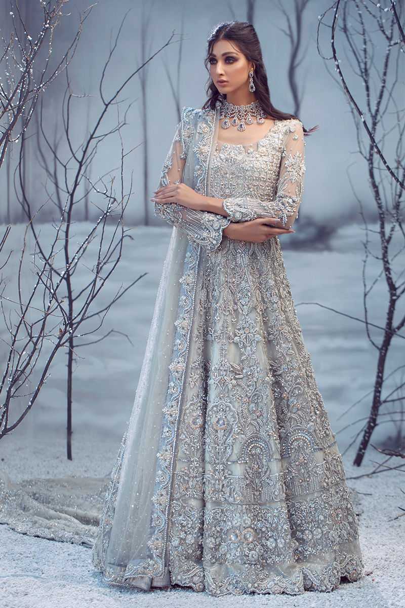 Pakistani Ice Blue Embellished Net Bridal Gown (2-Piece) - Image 1