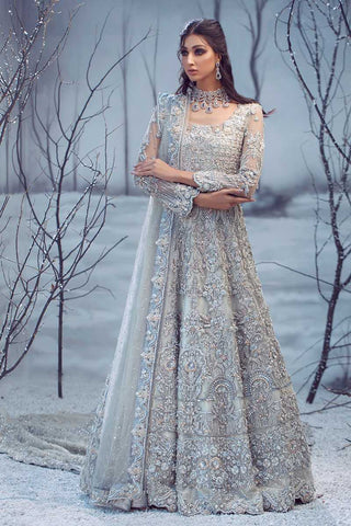 Pakistani Ice Blue Embellished Net Bridal Gown (2-Piece) - Image 2