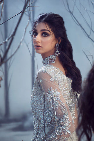 Pakistani Ice Blue Embellished Net Bridal Gown (2-Piece) - Image 4