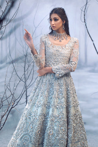 Pakistani Ice Blue Embellished Net Bridal Gown (2-Piece) - Image 5