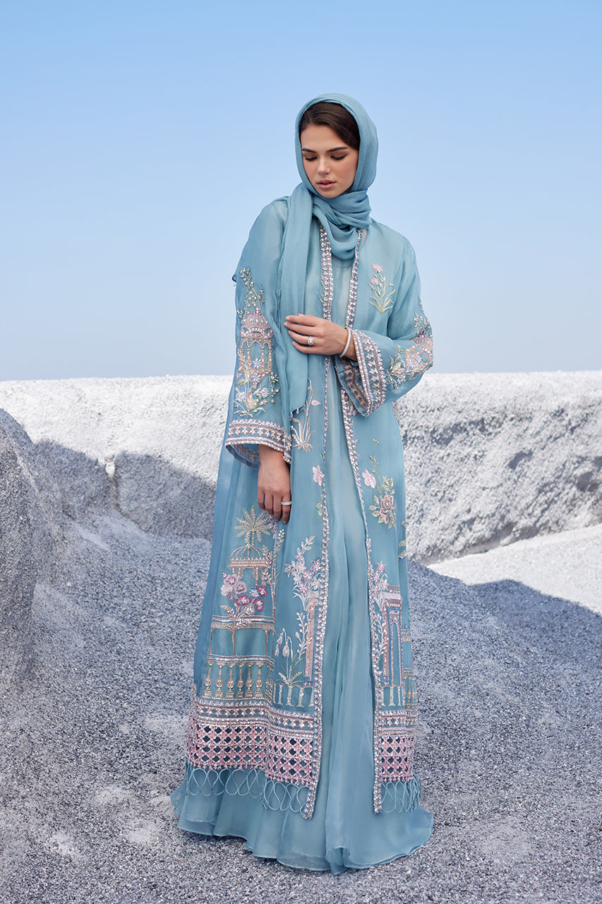 Powder Blue Embroidered Organza Jacket Gown (2-Piece) - Image 2