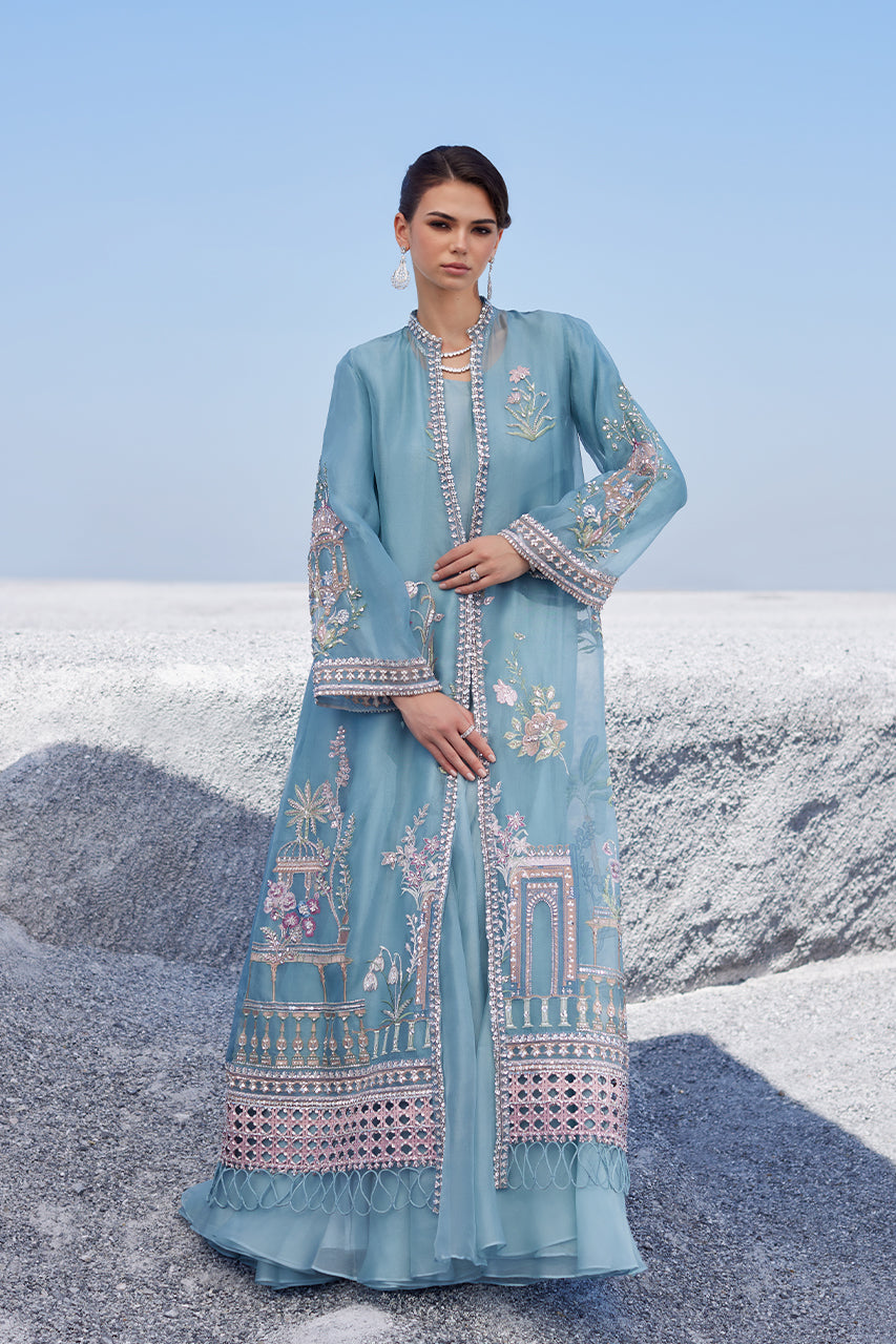 Powder Blue Embroidered Organza Jacket Gown (2-Piece) - Image 5