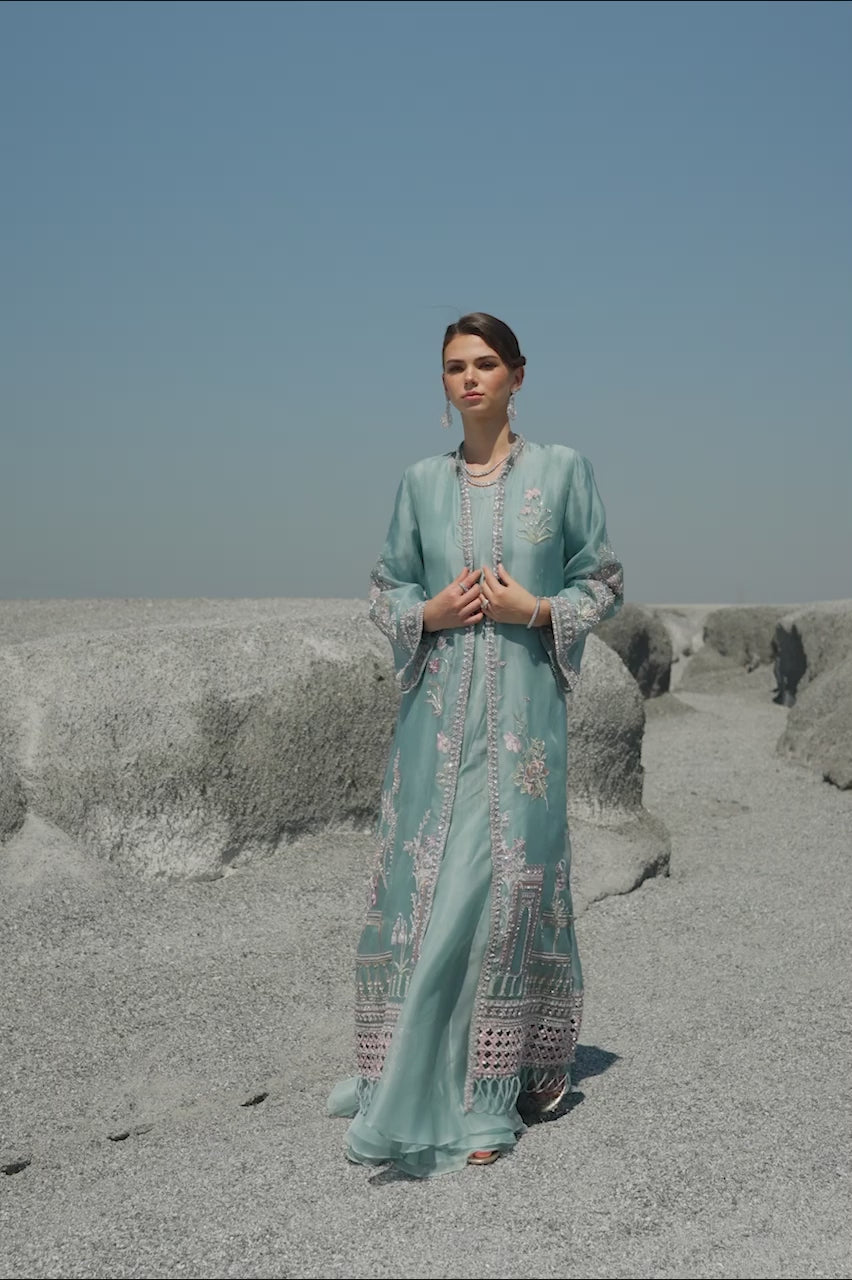 Powder Blue Embroidered Organza Jacket Gown (2-Piece) - Image 7