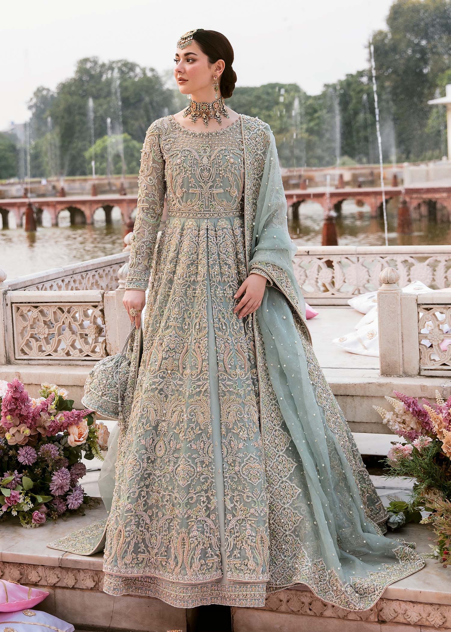 Pakistani Ice Blue Embellished Organza Gown (2-Piece) - Image 1