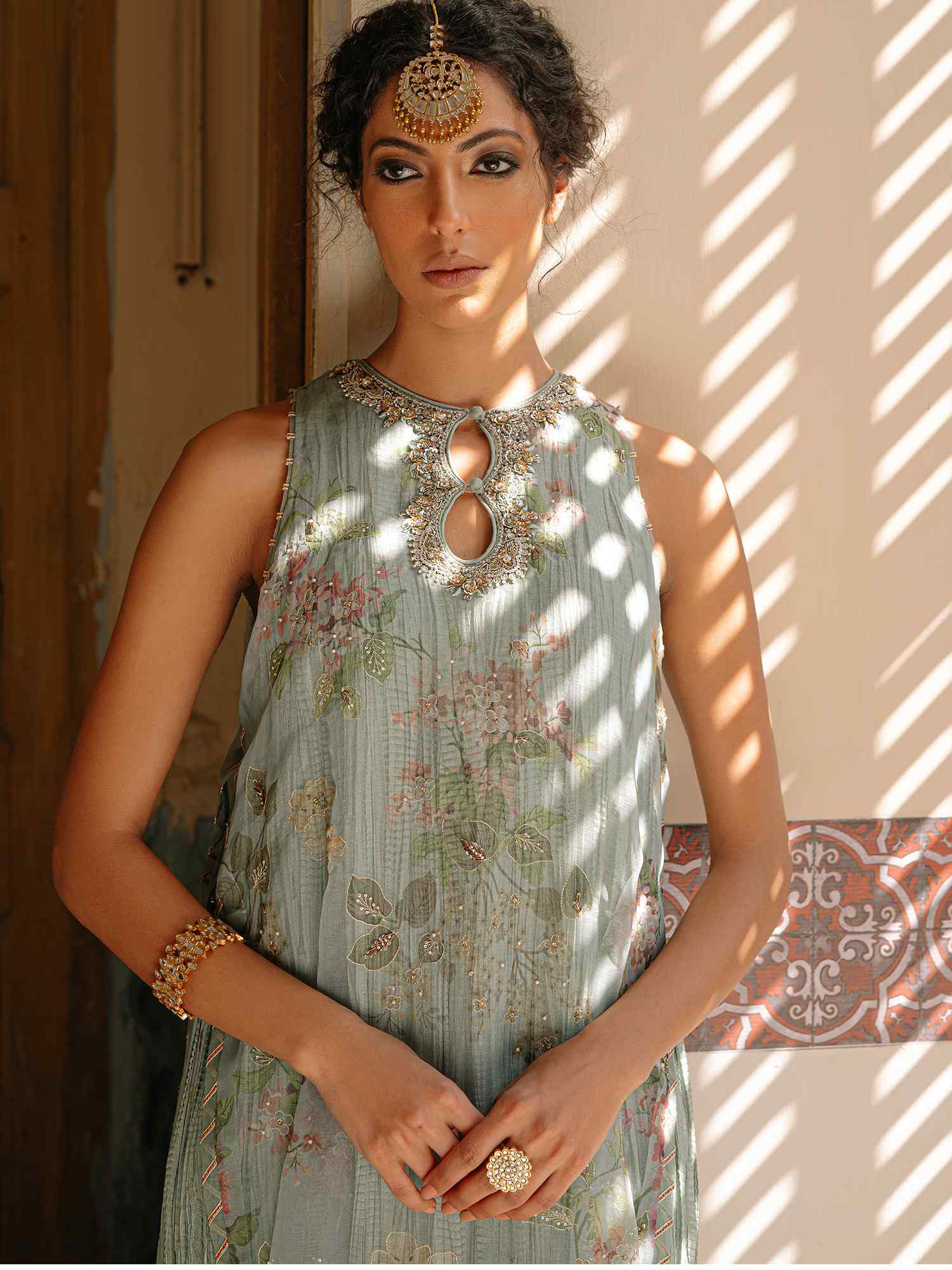 Wythe Blue Embroidered Organza and Crushed Silk Gown (1-Pc) - Image 1