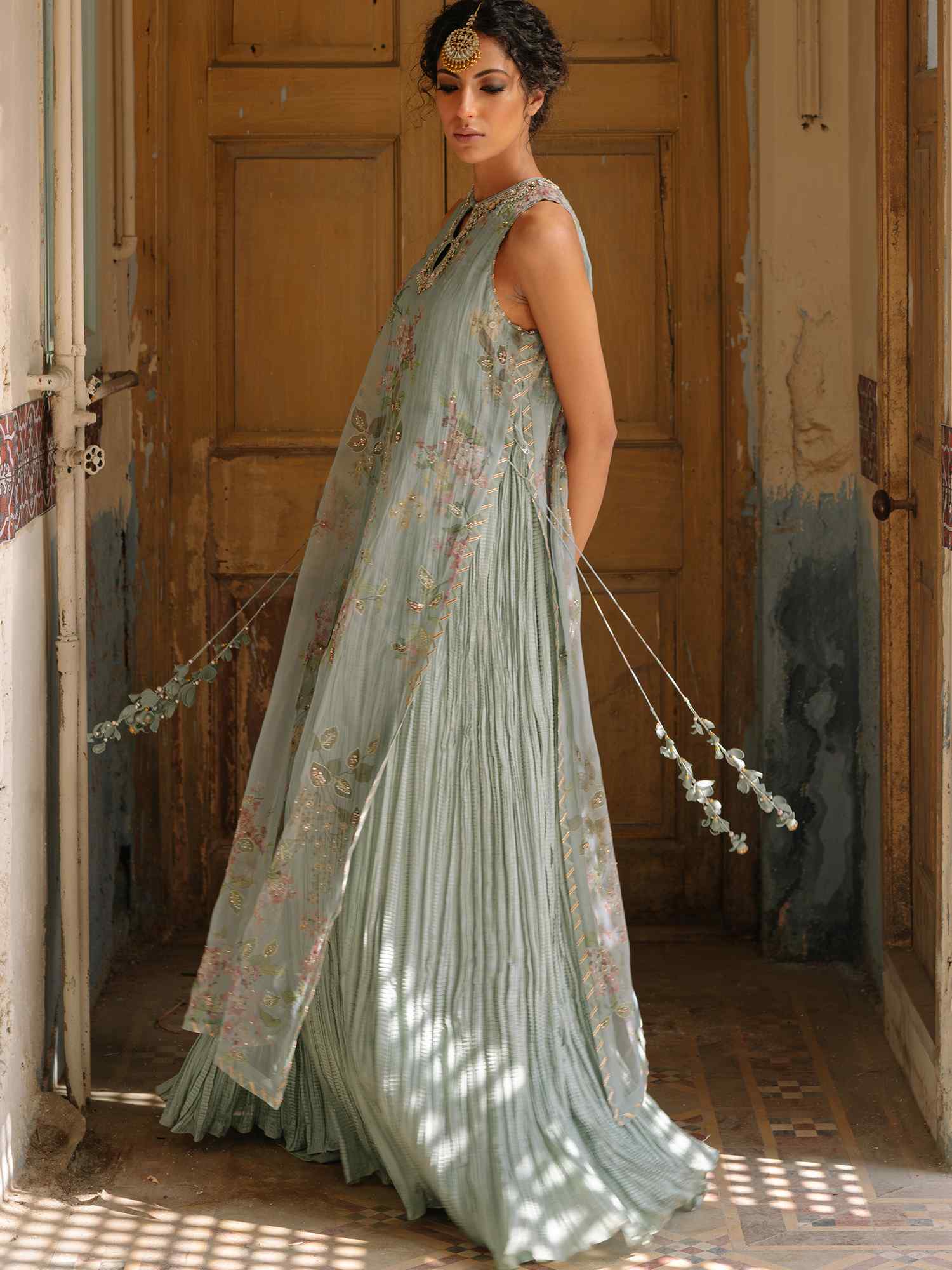 Wythe Blue Embroidered Organza and Crushed Silk Gown (1-Pc) - Image 3