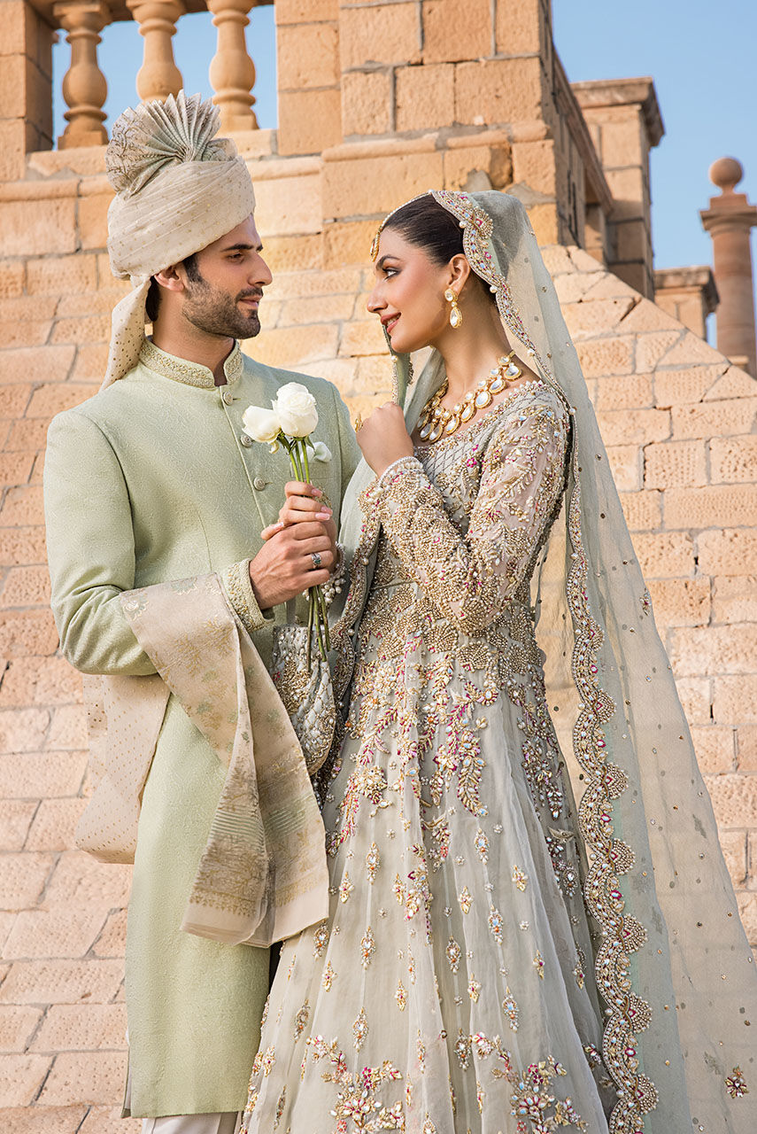 Mint Blue Embroidered Organza Bridal Gown (2-Piece) - Image 8