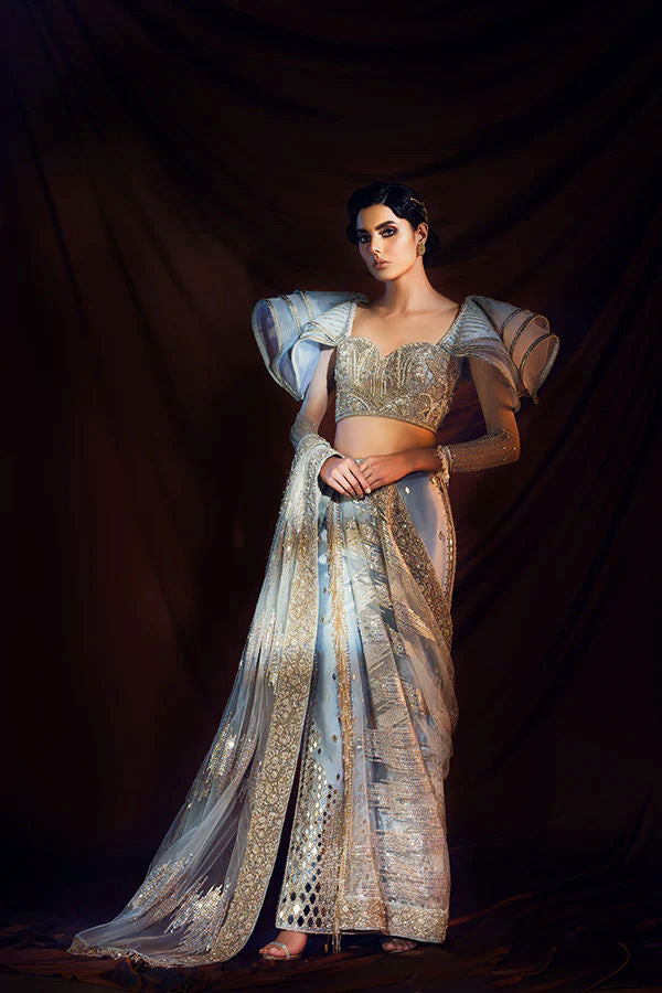 Ice Blue Gold Embellished Organza Silk Saree Gown (1-Pc) - Image 1