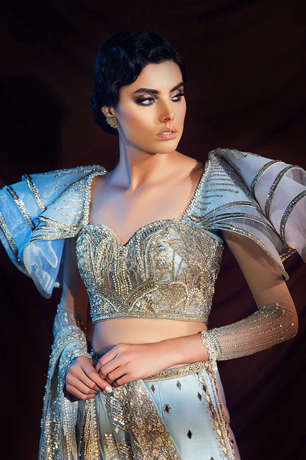 Ice Blue Gold Embellished Organza Silk Saree Gown (1-Pc) - Image 2