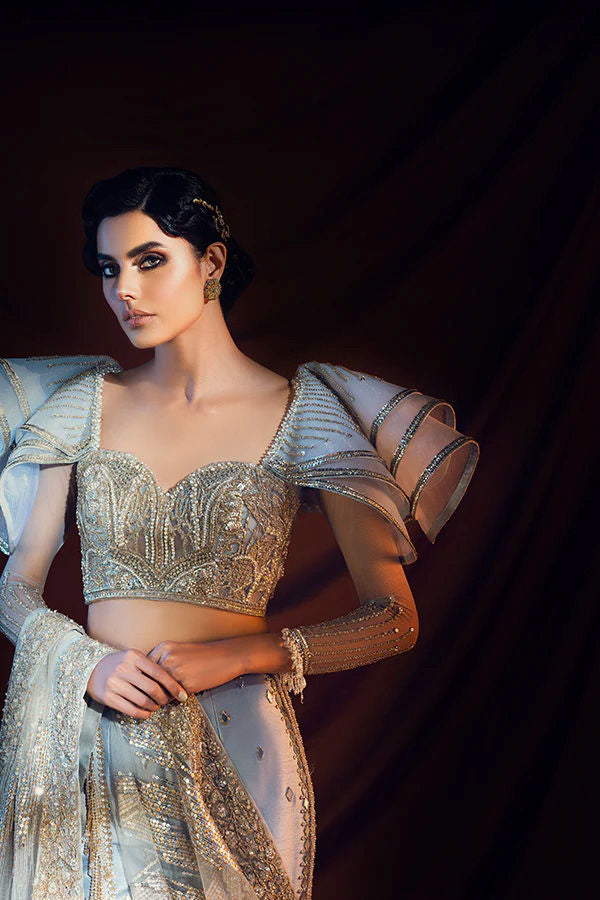 Ice Blue Gold Embellished Organza Silk Saree Gown (1-Pc) - Image 4