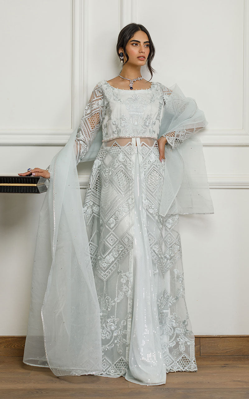 Pakistani Ice Blue Embroidered Organza Gown (3-Piece) - Image 1