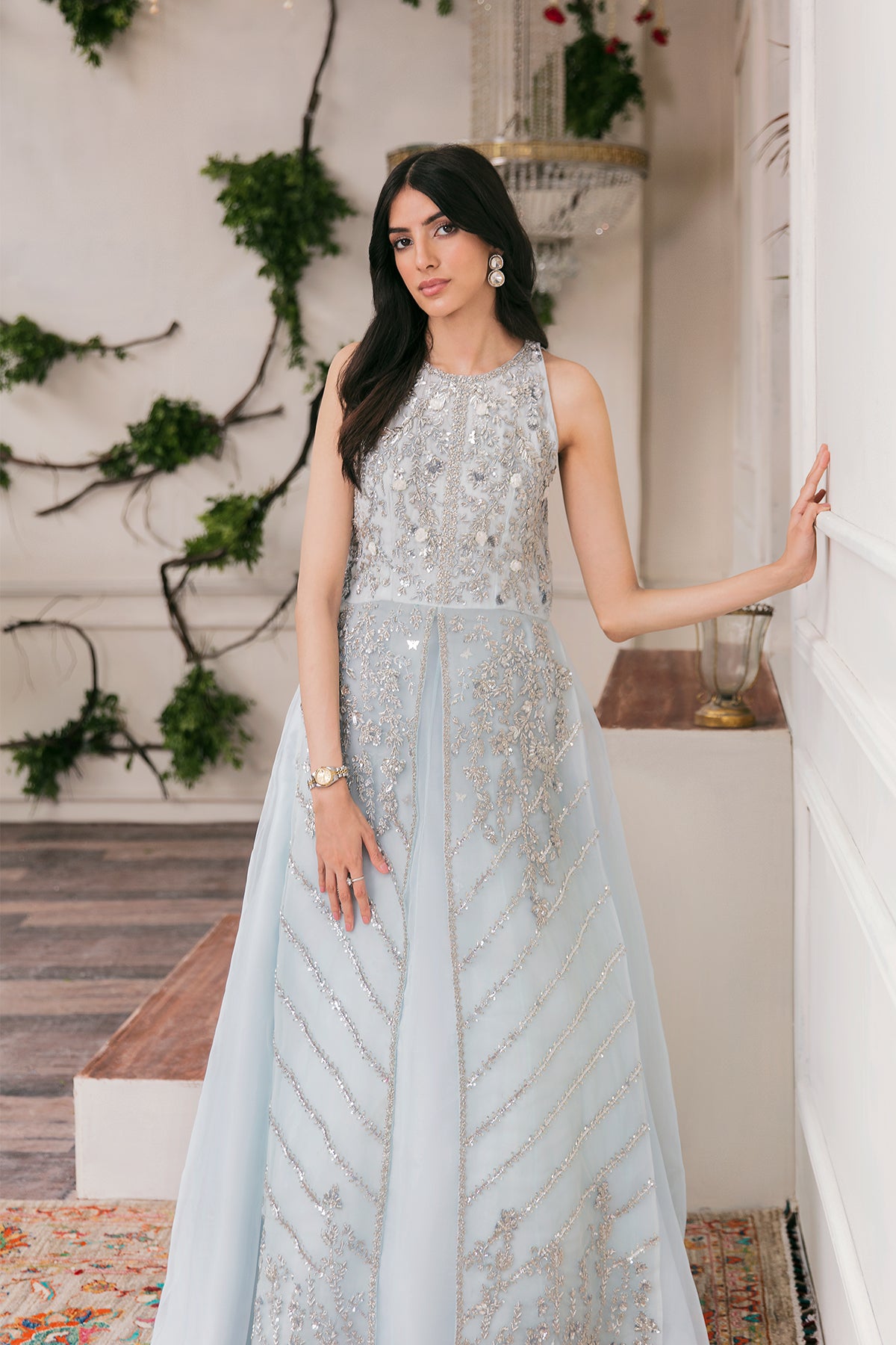 Pakistani Ice Blue Silver Dabka Organza Gown (2-Piece) - Image 1
