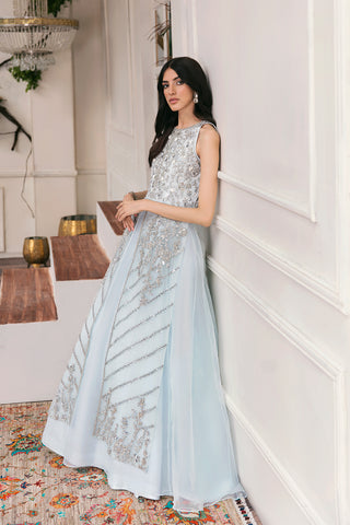 Pakistani Ice Blue Silver Dabka Organza Gown (2-Piece) - Image 3