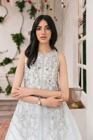 Pakistani Ice Blue Silver Dabka Organza Gown (2-Piece) - Image 4