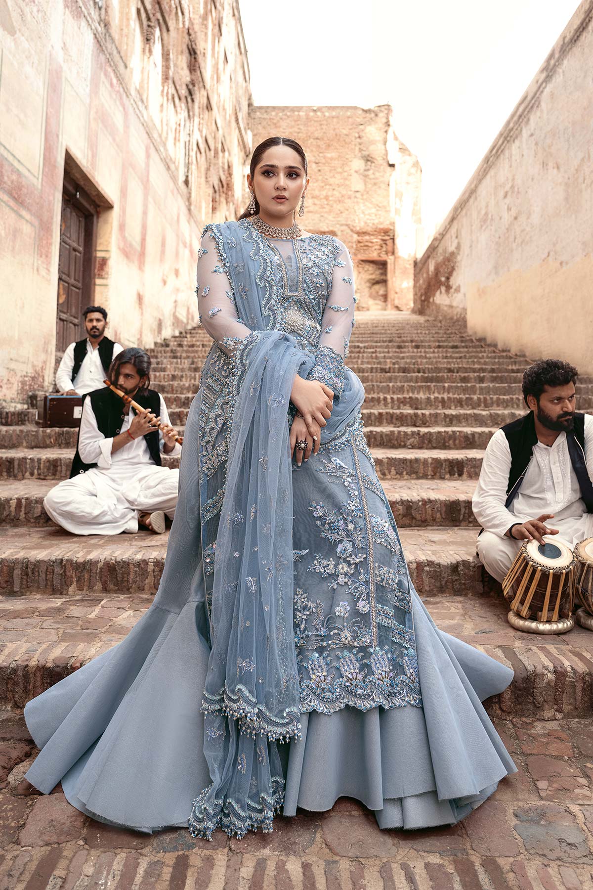 Cornflower Blue Embellished Organza & Net Bridal Gown (2-Piece) - Image 2