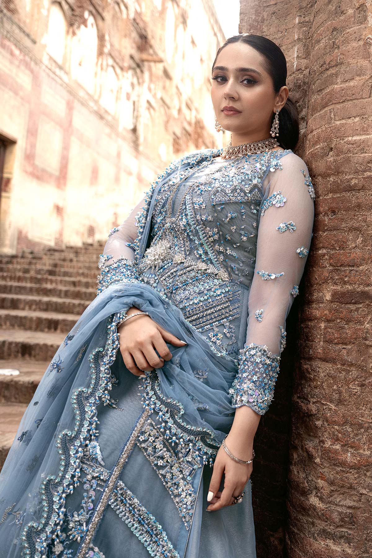 Cornflower Blue Embellished Organza & Net Bridal Gown (2-Piece) - Image 3