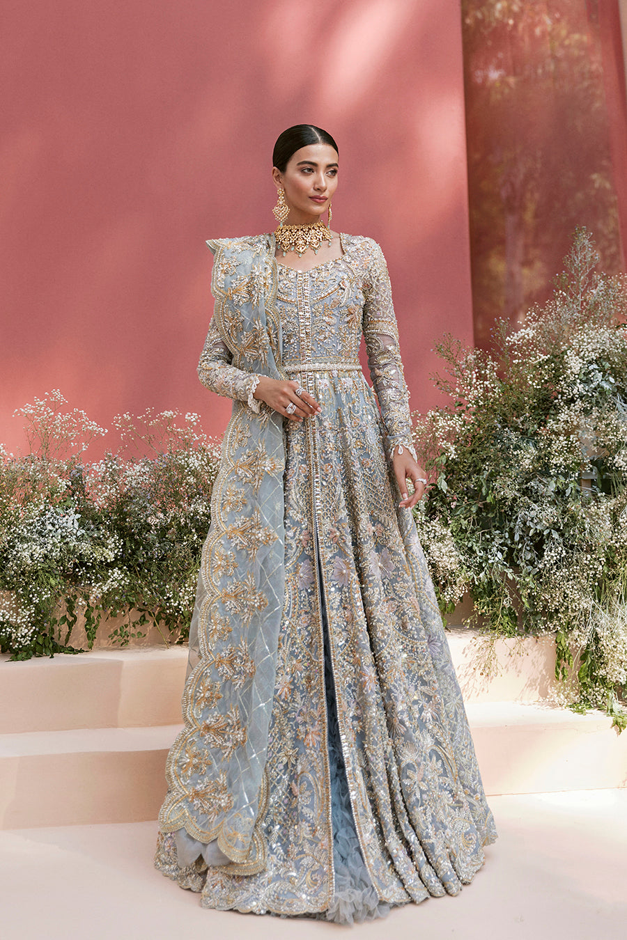Pakistani Ice Blue Embroidered Organza Bridal Gown (3-Piece) - Image 1
