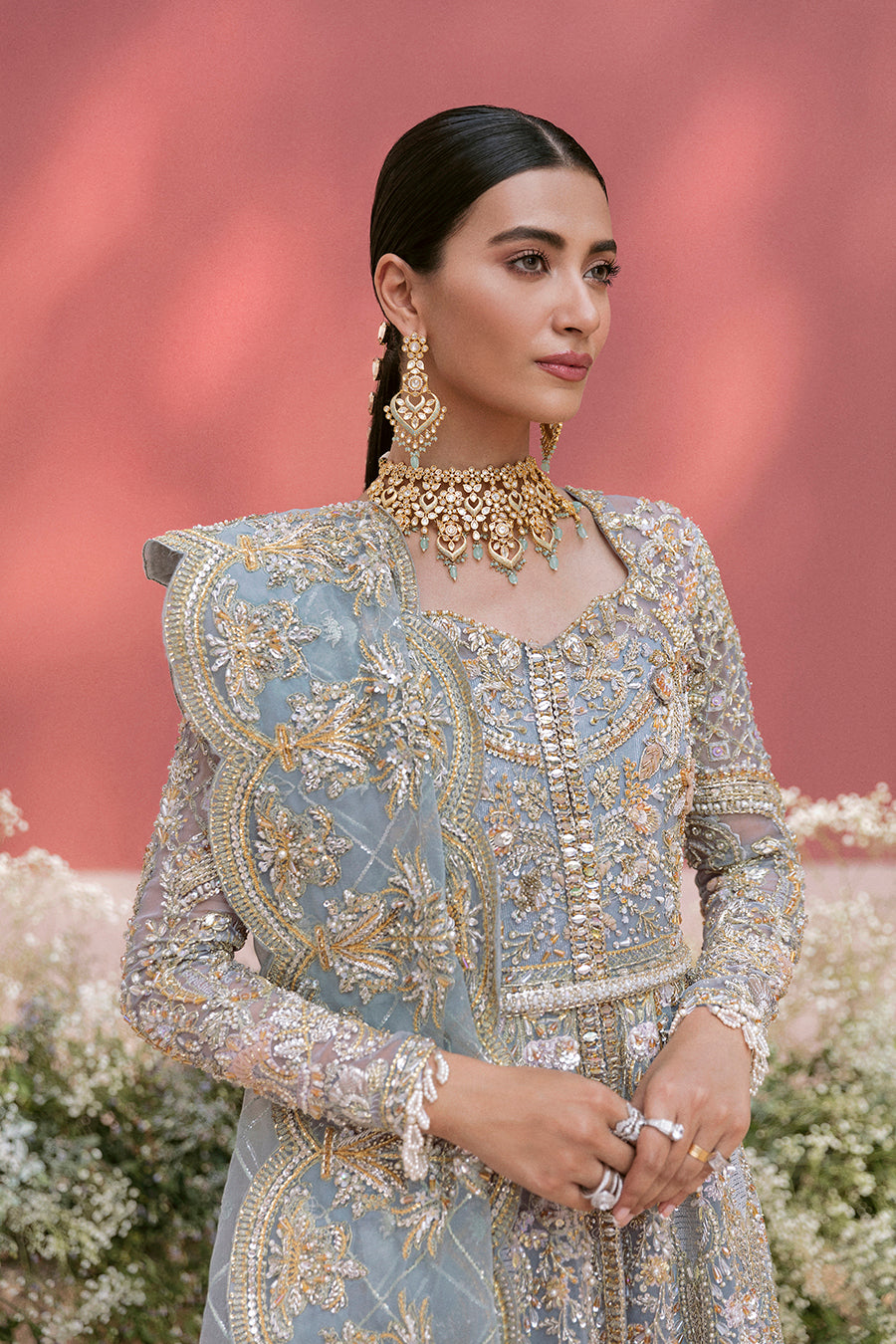 Pakistani Ice Blue Embroidered Organza Bridal Gown (3-Piece) - Image 2