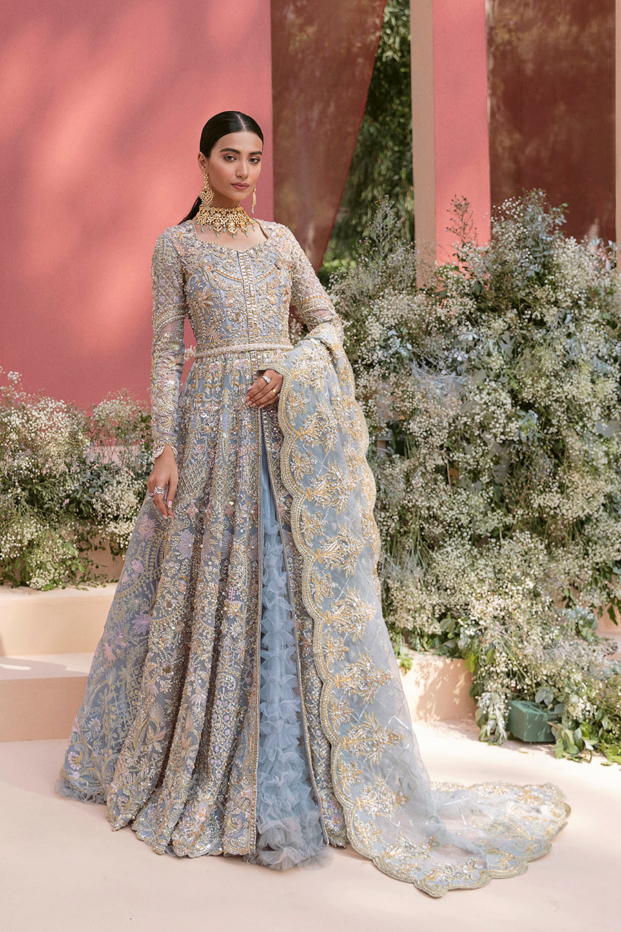 Pakistani Ice Blue Embroidered Organza Bridal Gown (3-Piece) - Image 3