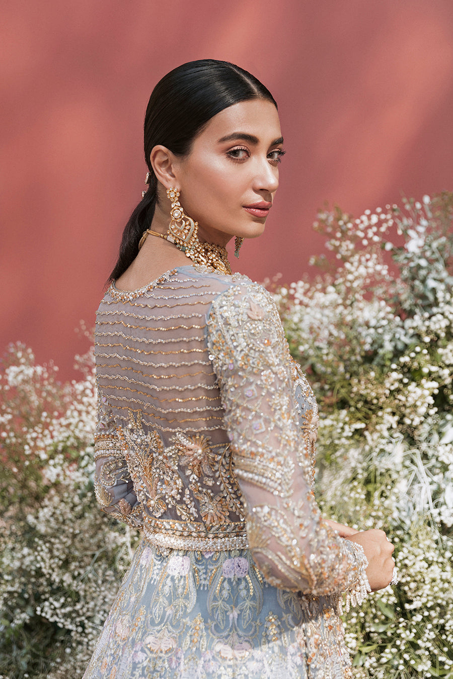 Pakistani Ice Blue Embroidered Organza Bridal Gown (3-Piece) - Image 4