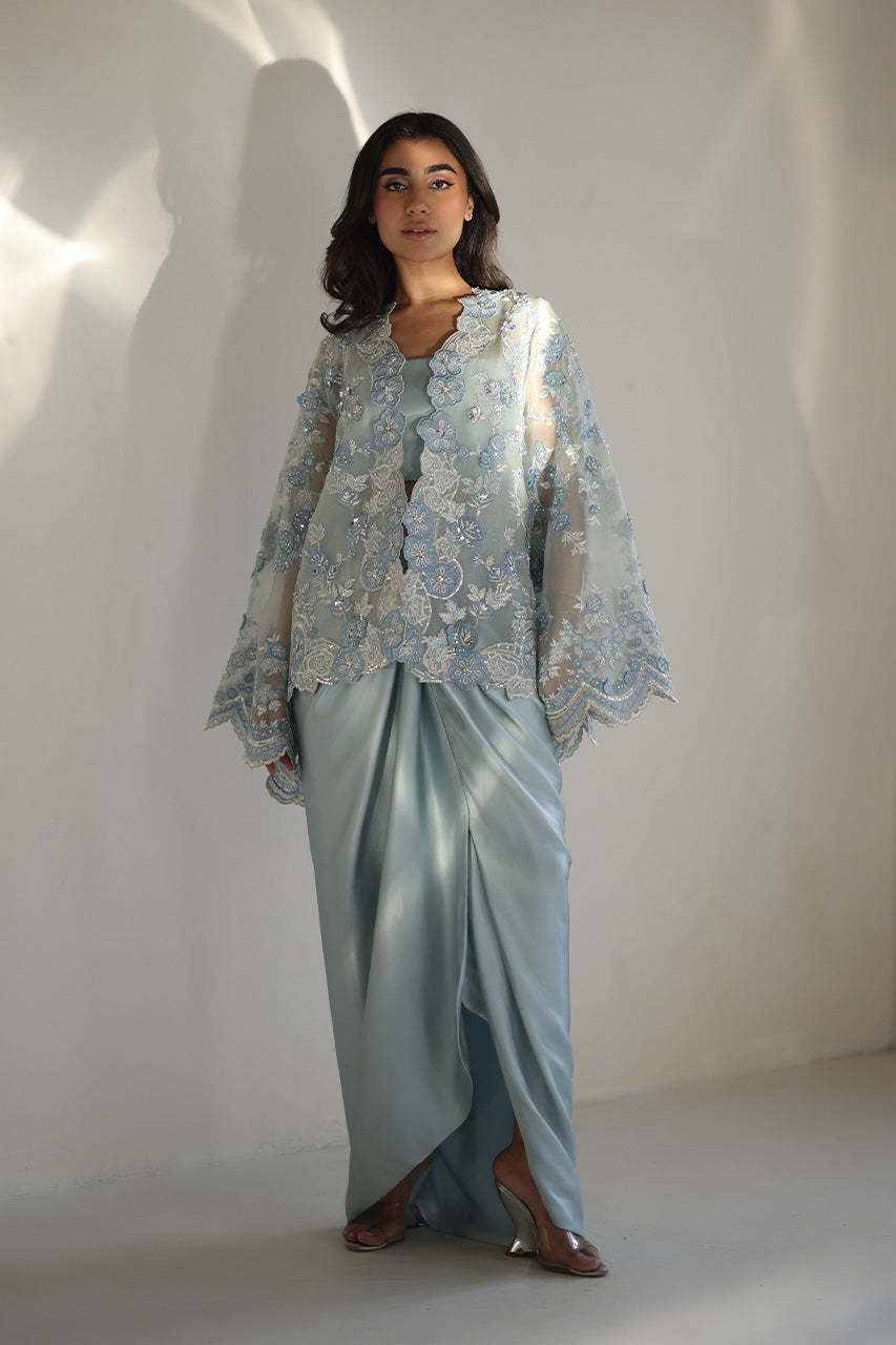 Ice Blue Zardozi Organza & Charmeuse Gown (3-Piece) - Image 1