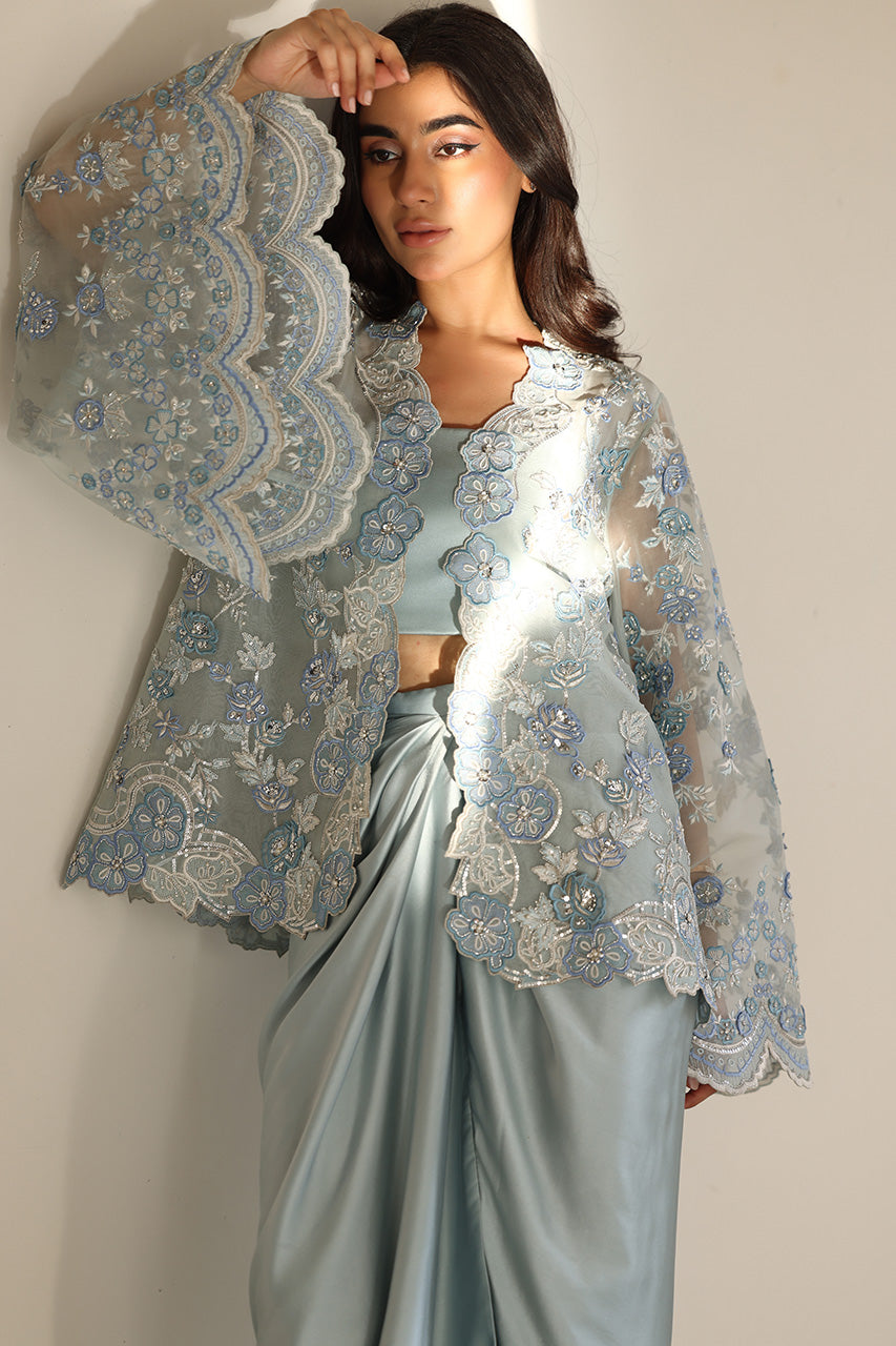 Ice Blue Zardozi Organza & Charmeuse Gown (3-Piece) - Image 4