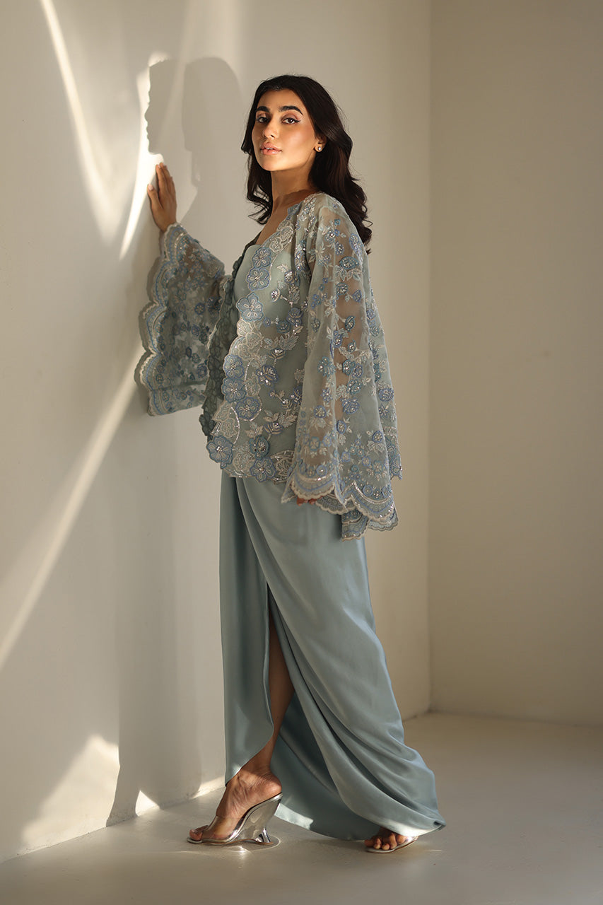 Ice Blue Zardozi Organza & Charmeuse Gown (3-Piece) - Image 9