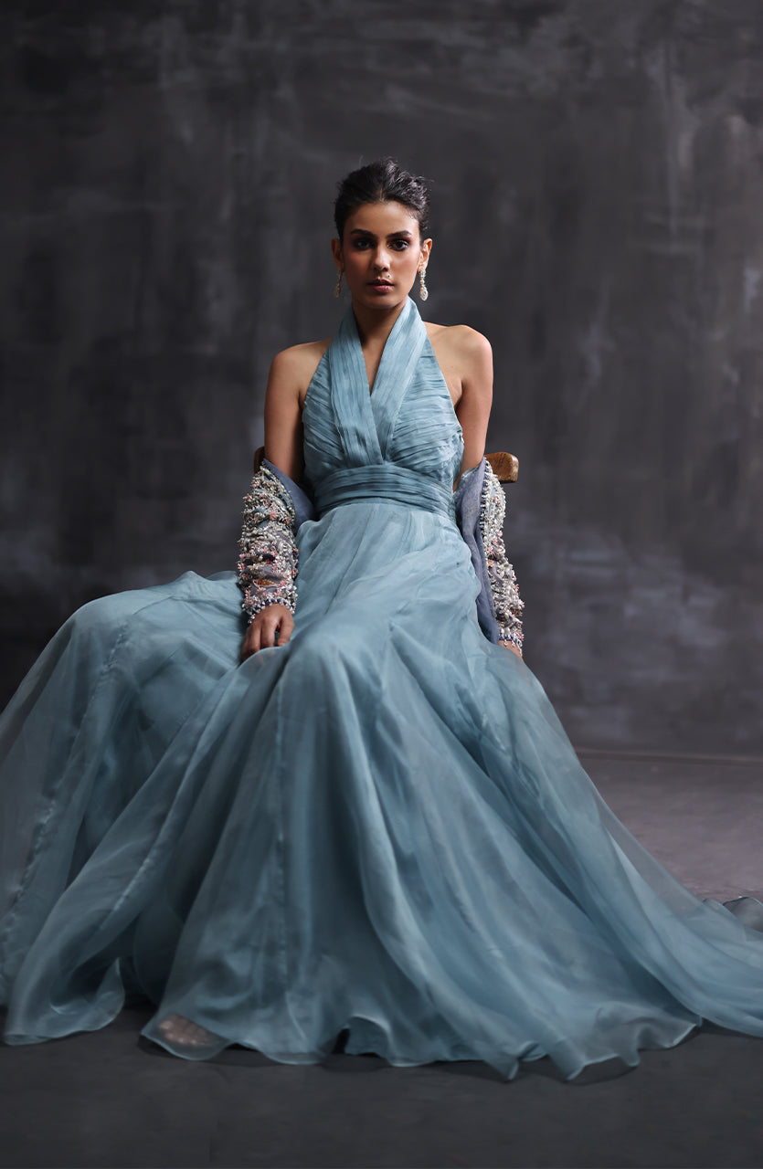 Mauve Hand-Embellished Organza Jacket & Gown (2-Piece) - Image 4