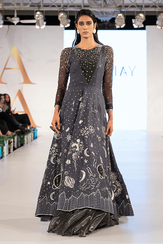 Pakistani Deep Blue Celestial Embroidered Raw Silk Gown (1-Pc) - Image 1