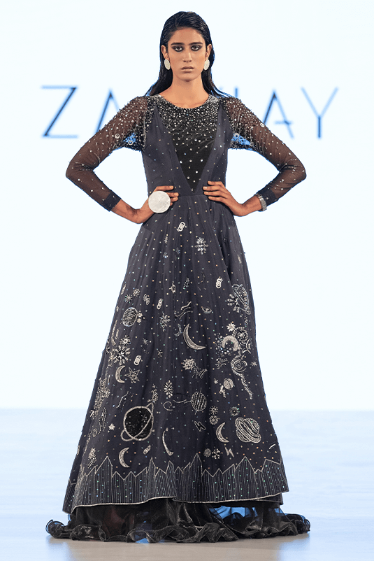 Pakistani Deep Blue Celestial Embroidered Raw Silk Gown (1-Pc) - Image 2