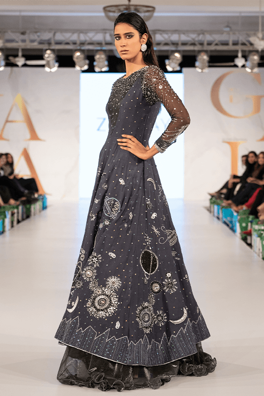 Pakistani Deep Blue Celestial Embroidered Raw Silk Gown (1-Pc) - Image 3
