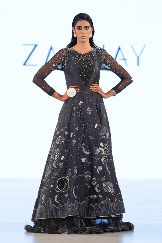 Pakistani Deep Blue Celestial Embroidered Raw Silk Gown (1-Pc) - Image 4