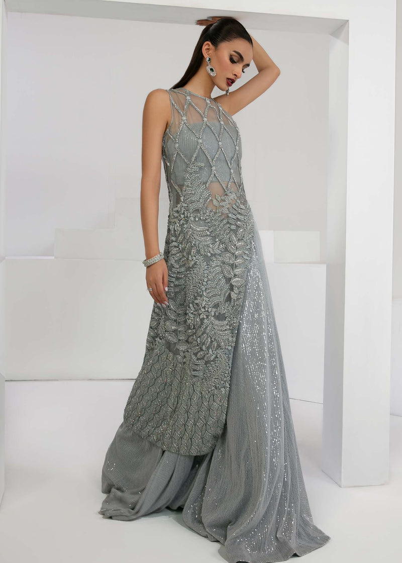 Indian Blue Grey Embellished Net & Raw Silk Gown (2-Piece) - Image 11