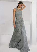 Indian Blue Grey Embellished Net & Raw Silk Gown (2-Piece) - Image 6