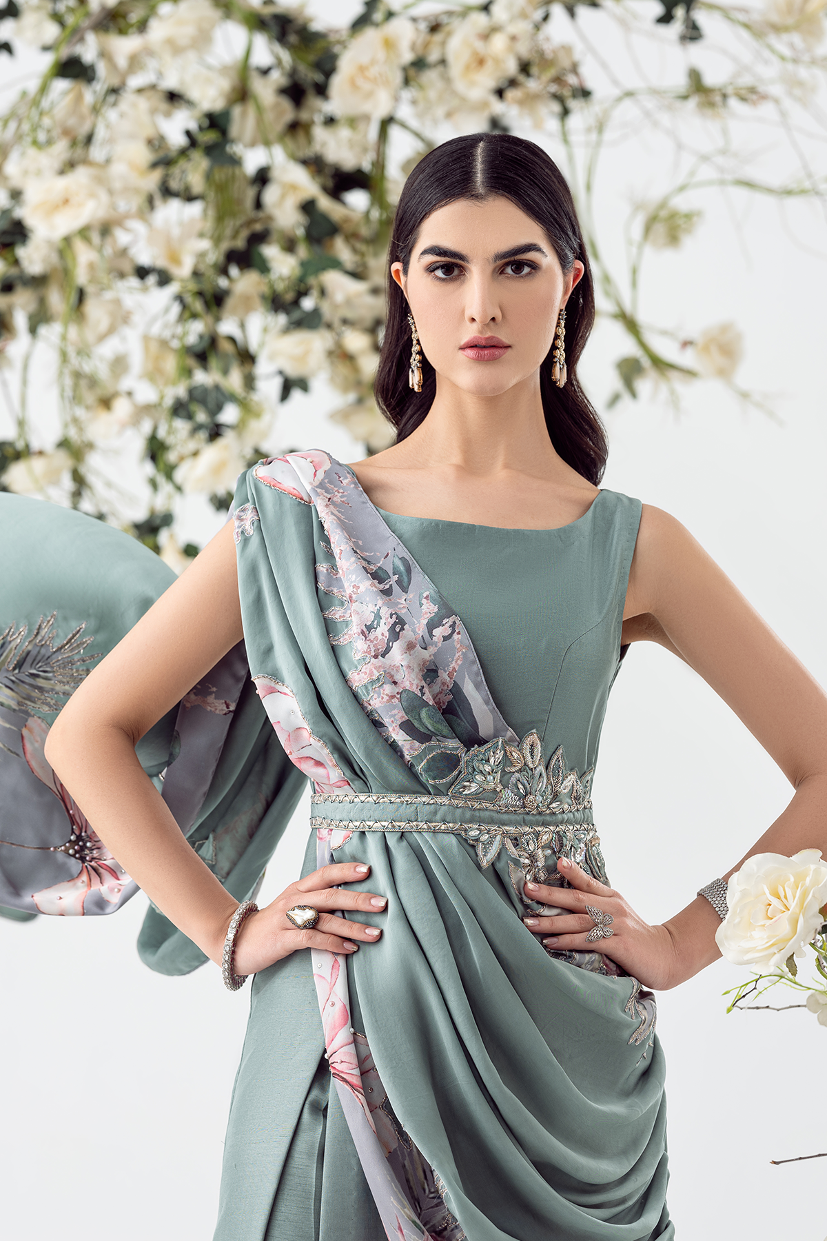 Grey-Blue Crystal Embellished Raw Silk Gown (3-Piece) - Image 6