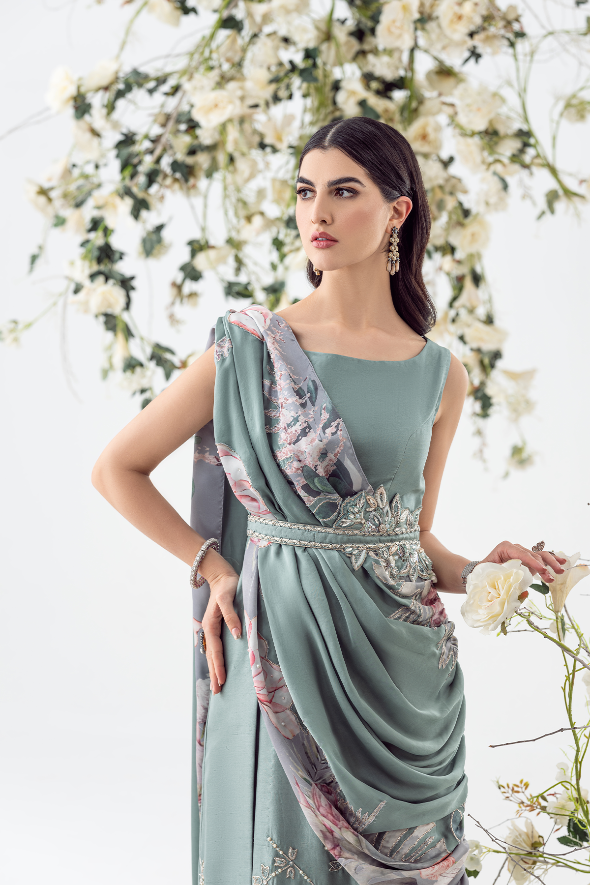 Grey-Blue Crystal Embellished Raw Silk Gown (3-Piece) - Image 7