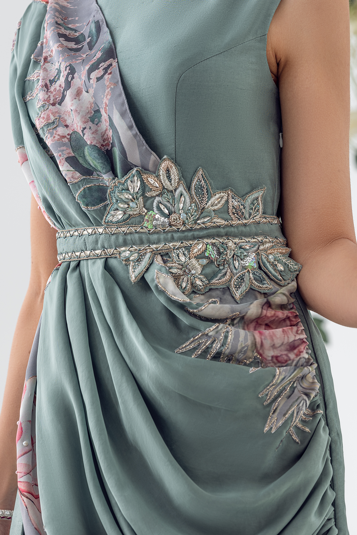 Grey-Blue Crystal Embellished Raw Silk Gown (3-Piece) - Image 9