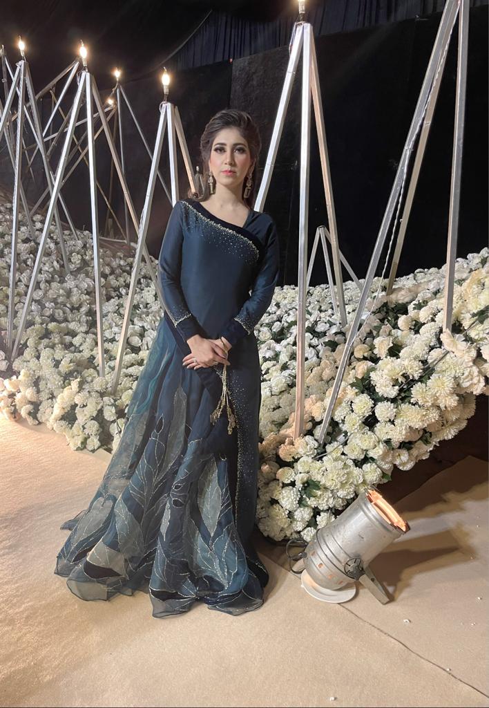 Deep Sea Blue Crystal Embellished Raw Silk Gown (1-Pc) - Image 1