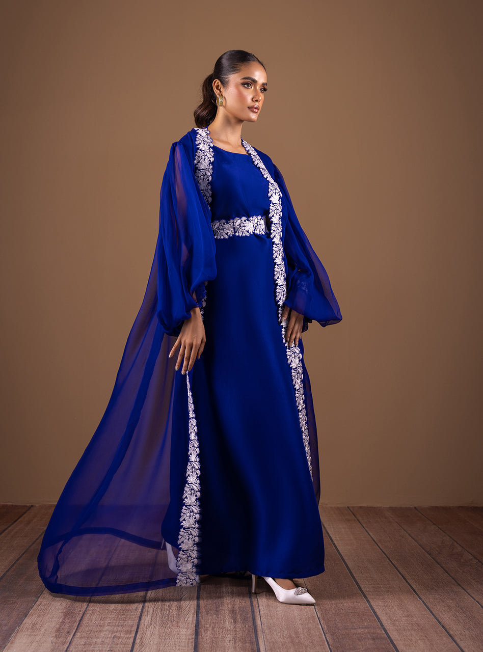 Pakistani Royal Blue Lace Embroidered Raw Silk Gown (2-Piece) - Image 2