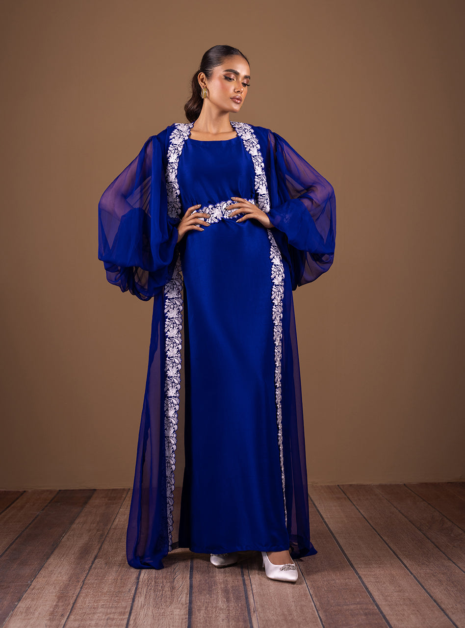 Pakistani Royal Blue Lace Embroidered Raw Silk Gown (2-Piece) - Image 5